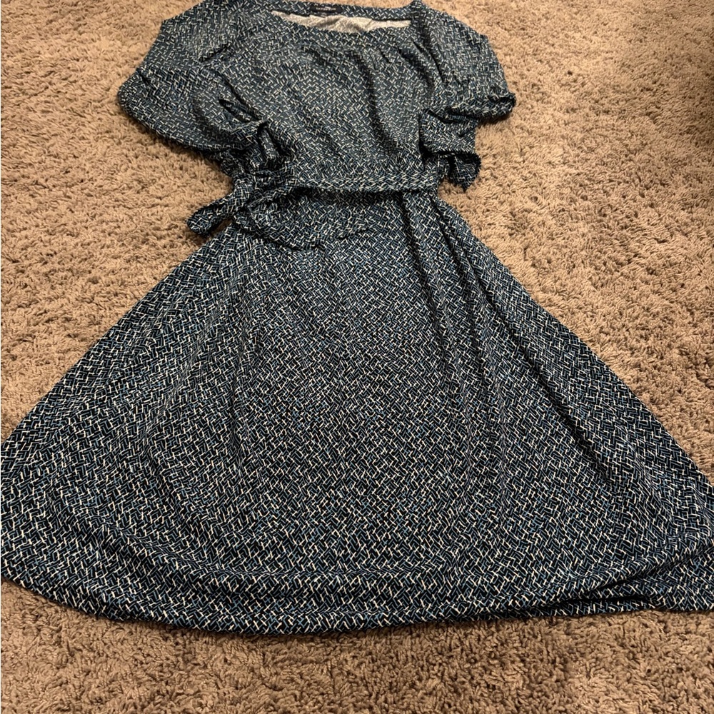 Lands' End Navy Patterned Long Sleeve Dress